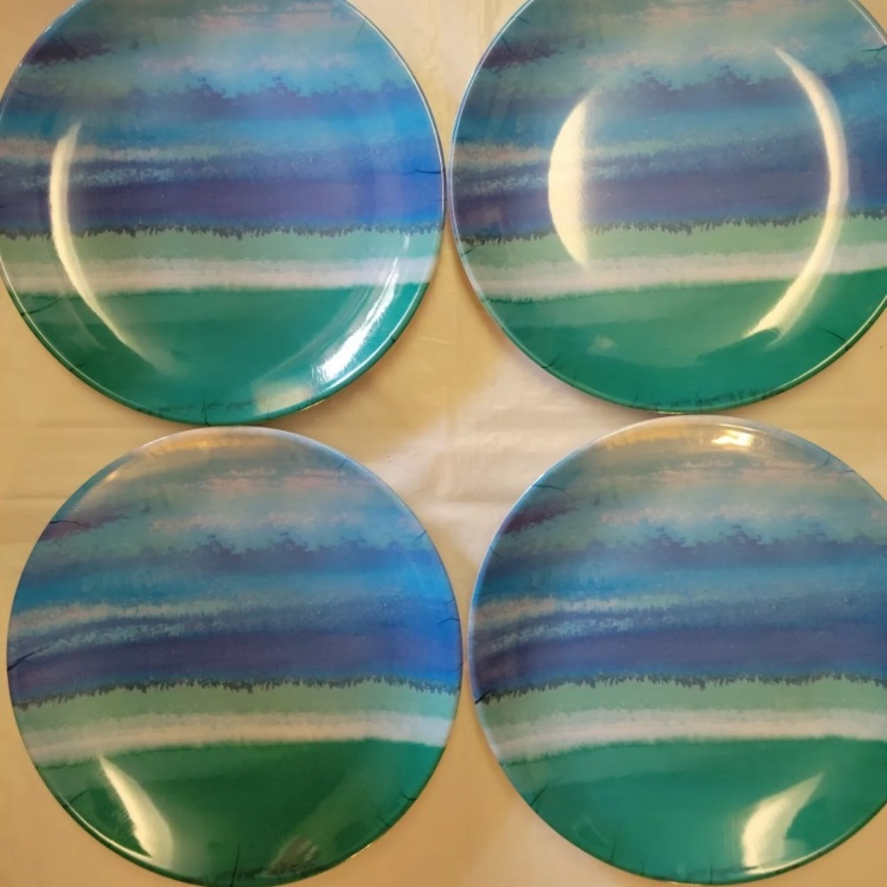 4pk Rachel Roy Melamine 11" Dinner Plates Blue & Teal Watercolor Summer Wave